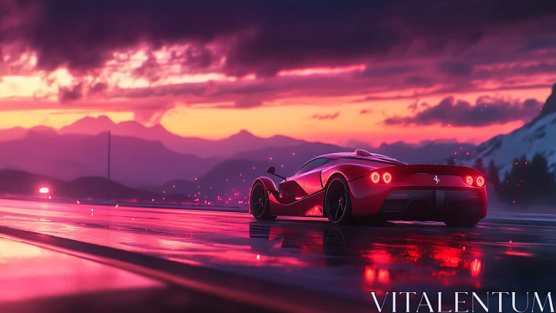 Red sports car on wet highway at vivid sunset landscape.