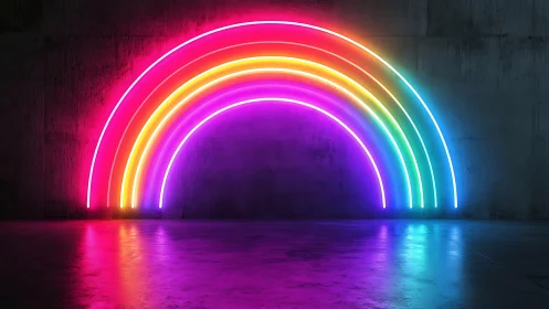 Neon rainbow halo bends night into glowing urban promise.