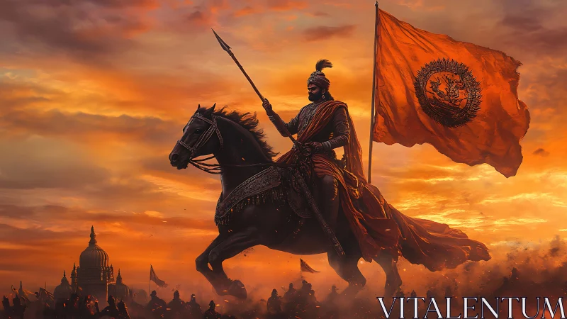 Armored cavalry commander silhouetted against incendiary sunset sky