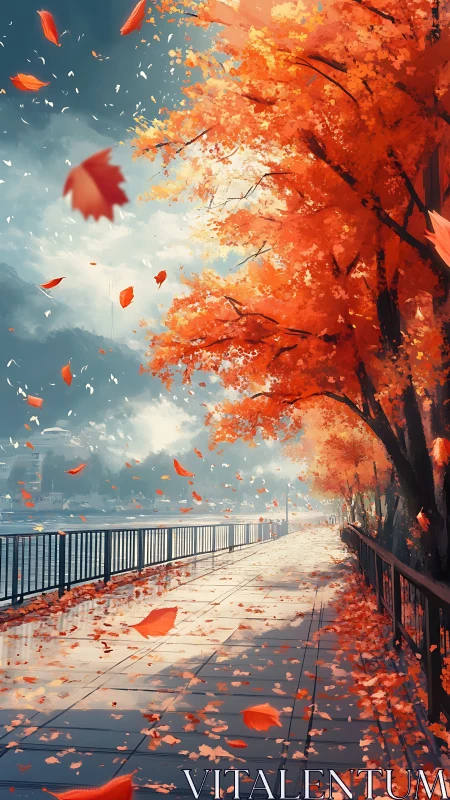 Autumn riverside promenade with dynamic leaf motion rendering.
