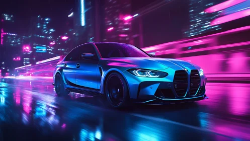 Neon storm sedan slicing through electric midnight rain.