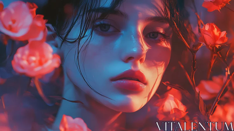Digital portrait of young woman amid red flowers, blue light.