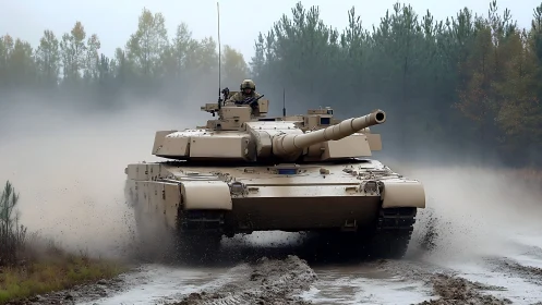 Sand-hued battle tank storms a misty forest training ground.