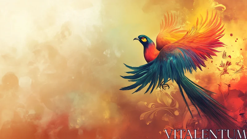 Vibrant Phoenix Bird in Flight Digital Art with Warm Tones.