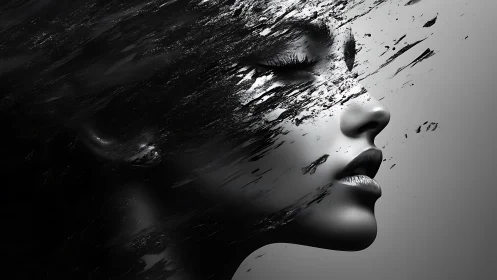 Gentle profile emerging from swirling ink and silence.