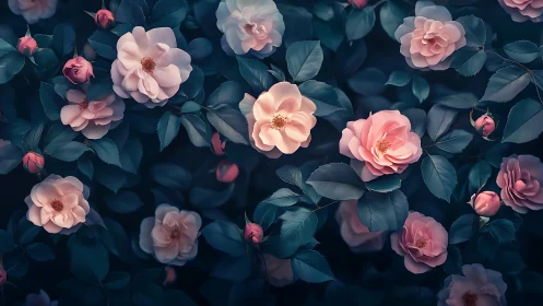 Pink roses bloom among teal foliage in layered botanical composition.