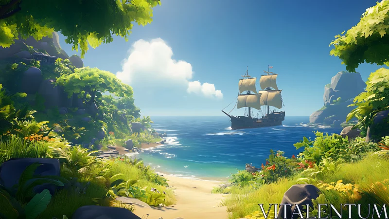 Sailing Ship Emerges from Tropical Cove.