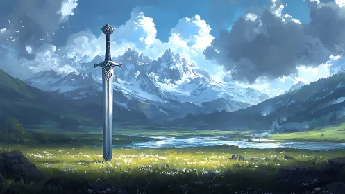 Legendary sword resting in a bright mountain valley.