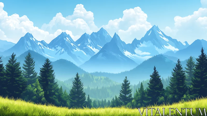 Snowcapped mountain range rises beyond dense pine forest