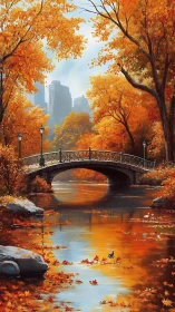 Urban park bridge spans reflective autumn river scene