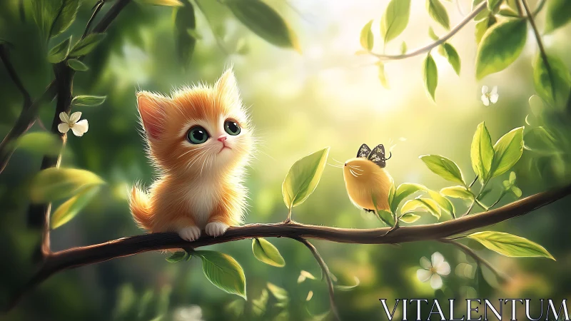 Ginger Kitten Perched on Branch with Butterfly in Lush Green Garden Setting