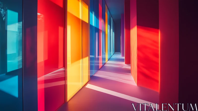 Sunlit geometric hallway glows with bold translucent color
