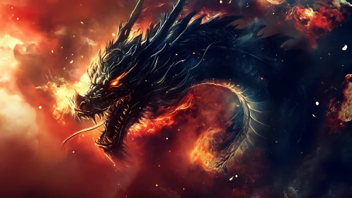 Fire-breathing black dragon coiled in blazing inferno