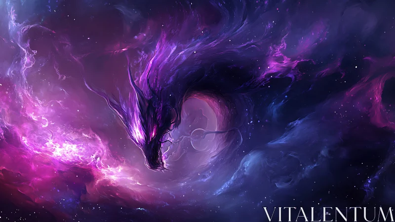 Cosmic dragon form emerging from swirling purple nebula.