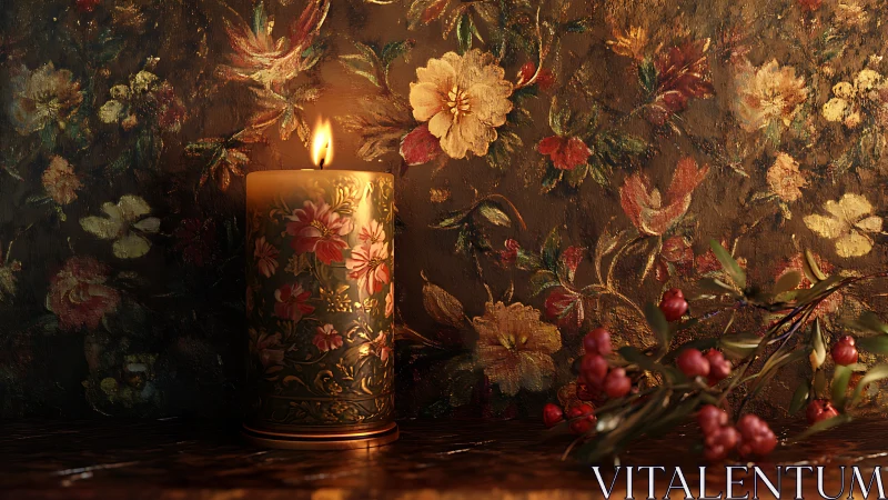 Candlelit blooms and berries in a quiet golden evening glow.