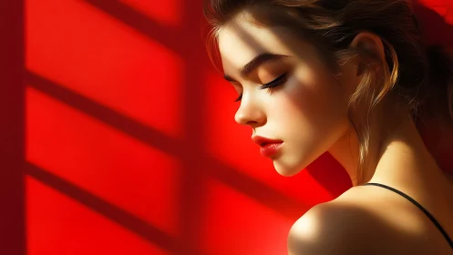 Sunlit quiet moment against a vivid red daydream wall.