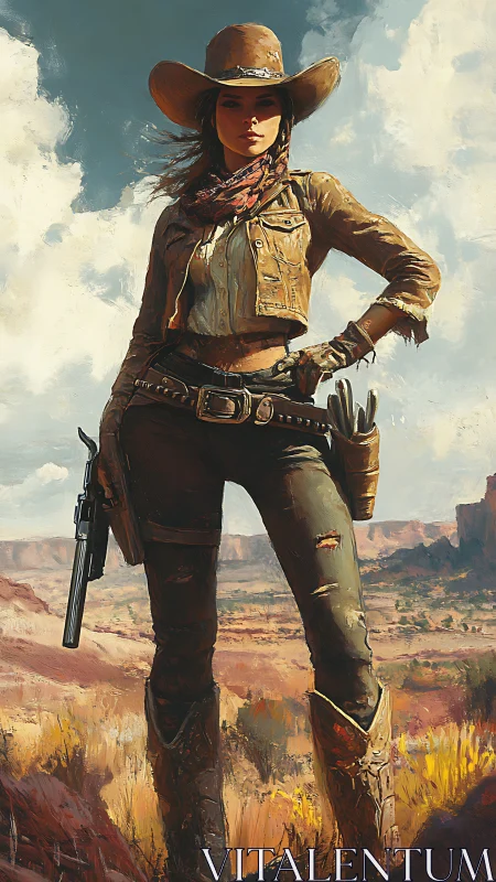 Confident cowgirl hero standing bold in golden desert light.