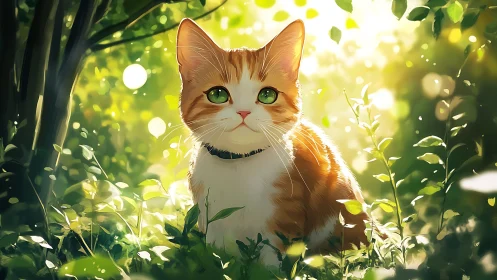 Orange and white cat in sunlit garden setting with foliage.