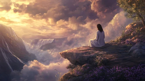 Solitary robed figure overlooking luminous cloud valley.