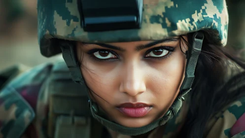 Intense Female Soldier Portrait in Modern Camouflage, Realistic Style.