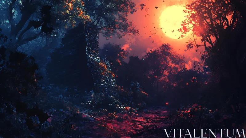 Mystical Forest at Golden Sunset.