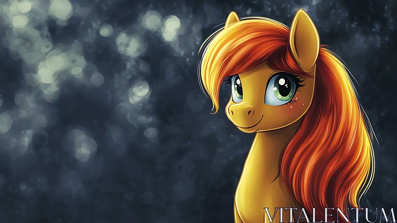 Golden pony with sunset mane against dreamy night lights.