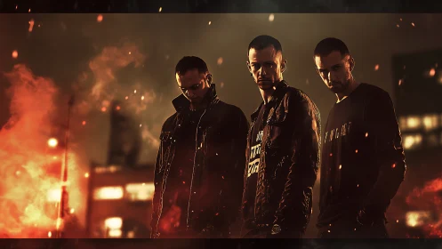 Three men in dark clothing in smoky urban night scene.