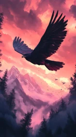 Crimson cloudscape over alpine valley with soaring black eagle
