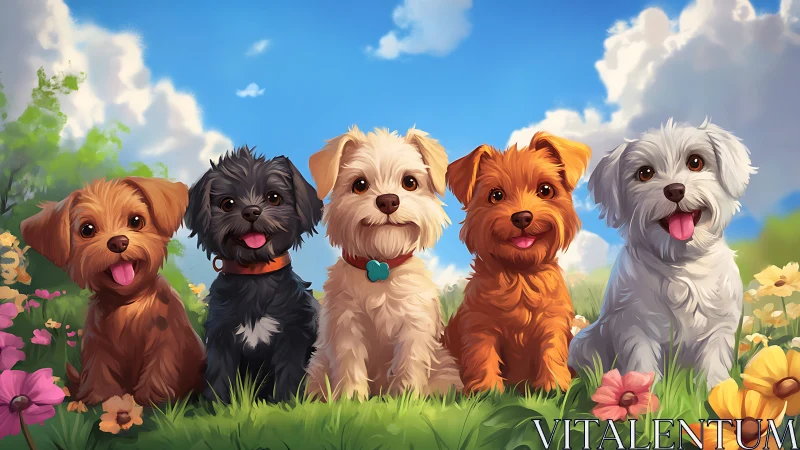 Five stylized small dogs sit in a bright floral meadow