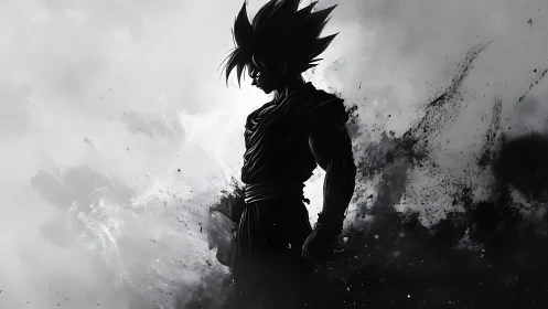 Silhouetted anime warrior in explosive monochrome storm.