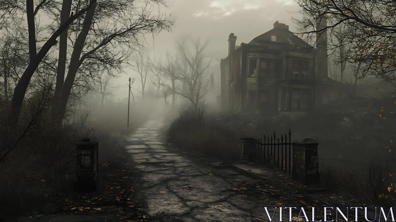 Fog-drenched manor broods over a broken autumn roadside.