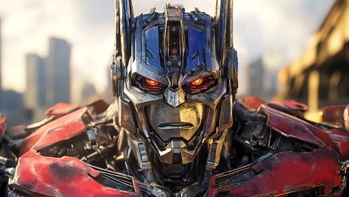 Hyper-detailed robotic warrior portrait in urban dusk light