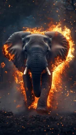 Elephant figure moving through ring of intense surrounding fire.