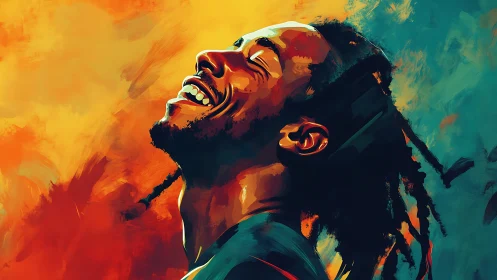 Joyful portrait in blazing orange and teal brushstrokes.