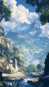 Digital painting of alpine waterfalls in tiered valley landscape.