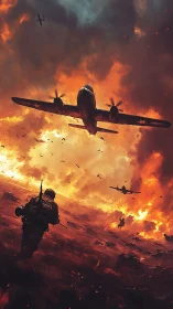 Aerial assault corridor over incendiary battlefield horizon.