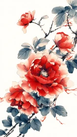 Red peonies bloom with delicate grace. Watercolor botanical art.