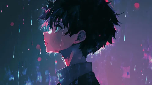 Melancholic anime boy rendered in neon rainside profile lighting