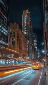 Long exposure captures urban light trails under illuminated high-rises