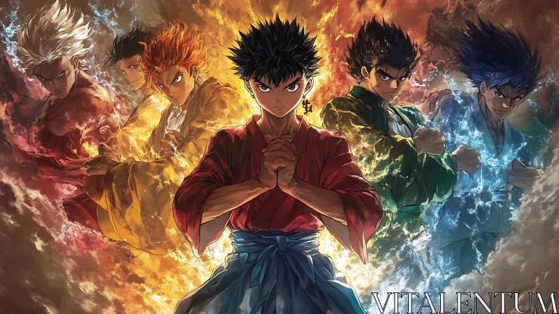 Elemental martial warriors aligned in chromatic energy vortex