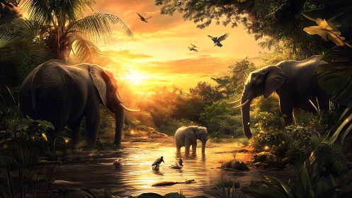 Elephants at golden sunset in lush jungle river scene.