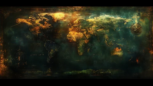 Vintage world map illustration with glowing continents.