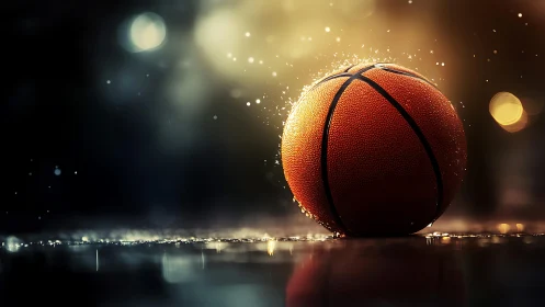 Rainlit courtside basketball glows in cinematic twilight.