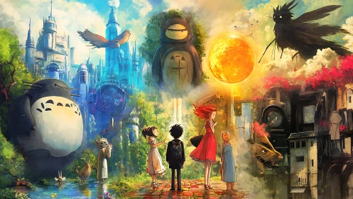 Children stand between lush forest and neon city under burning sun