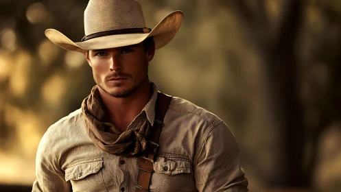 Sunlit cowboy pauses in the dust and quiet of the open range