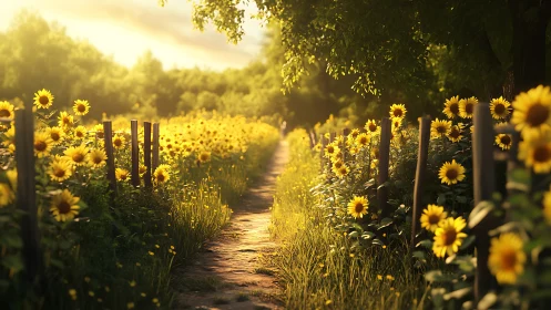 Sunlit country path through dense blooming sunflower rows.