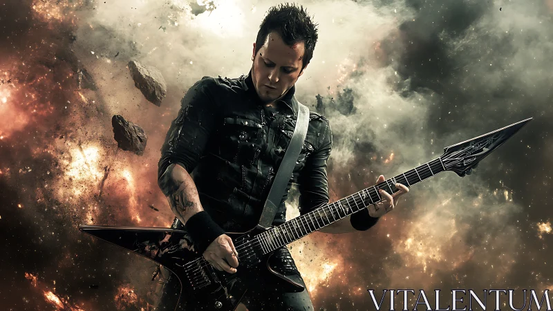 Rock guitarist performs amid explosive cosmic debris