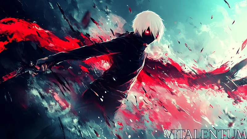 Masked white haired warrior unleashes crimson energy wings