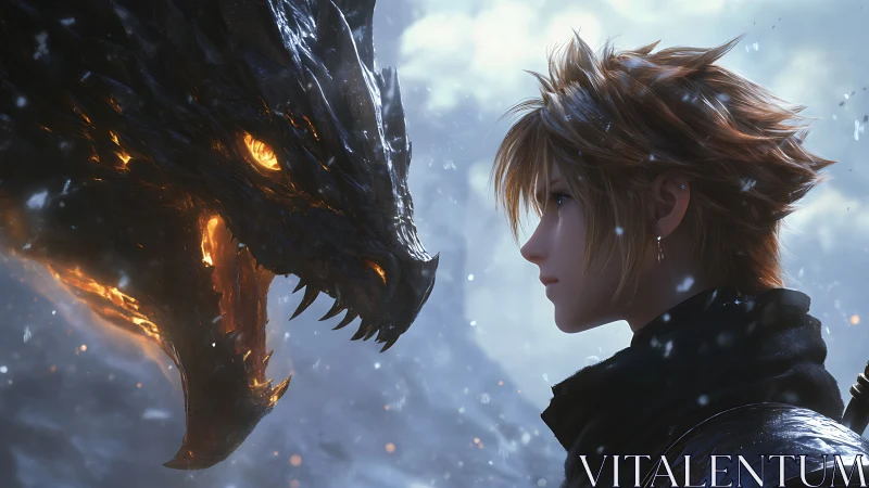 Heroic anime warrior confronting obsidian dragon in snowfall