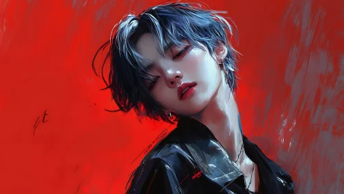 High-contrast digital portrait with glossy lighting on red field